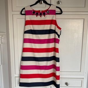 Vince Camuto Bold Striped Sheath Pink, Navy, White, Orange sz 12 Jewels at Neck